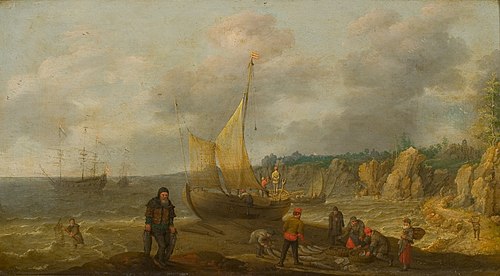 Zeegezicht met rotsachtige kust, vissers en schepen, 1627, Adam Willaerts