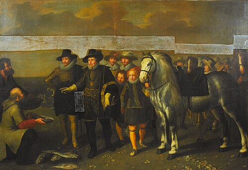 Maurits (1567-1625) and Frederik Hendrik (1584-1647), Princes of Orange, on the Beach at Scheveninge, 1650, Adriaen van Nieulandt the youn