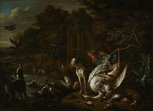 Huntsman with a dead swan at the water's edge, , Adrian de Gryef