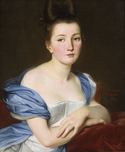 Portrait of a young woman wearing a white dress and a blue shawl, 1830, Adrienne Marie Louise Grandpierre-Deverzy