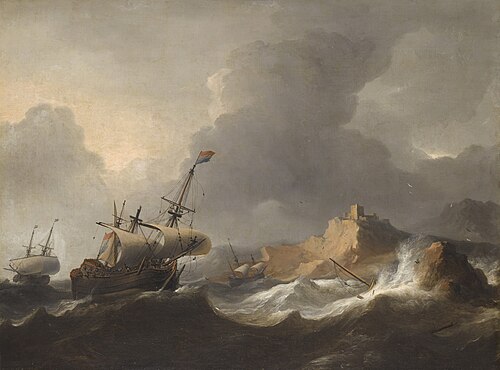 Ships in distress off a rocky coast, , Aernout Smit