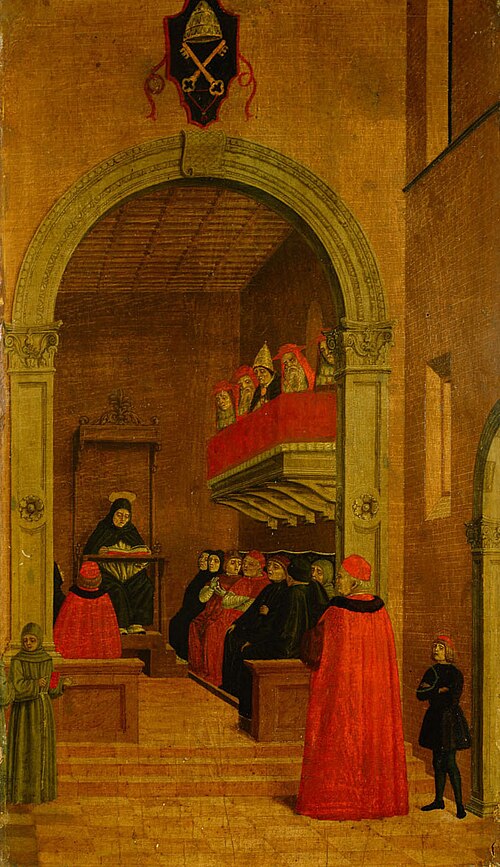 Szene aus dem Leben des Hl. Vinzenz Ferrer: Der Heilige legt in Avignon in Gegenwart des Papstes und, , Agnolo degli Erri