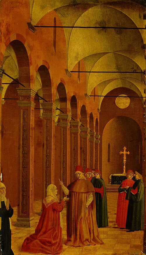 Szene aus dem Leben des Hl. Vinzenz Ferrer: Die Mutter des Heiligen fragt den Bischof von Valencia n, , Agnolo degli Erri