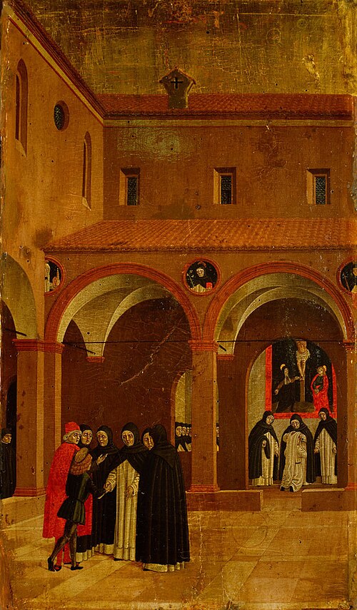 Szene aus dem Leben des Hl. Vinzenz Ferrer: Der Vater führt den Knaben Vinzenz zu den Dominikaners, , , Agnolo degli Erri