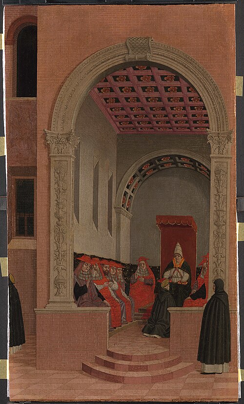 Szene aus dem Leben des Hl. Vinzenz Ferrer: Der Heilige erhält vom Papst die Erlaubnis, das Evangeli, , Agnolo degli Erri