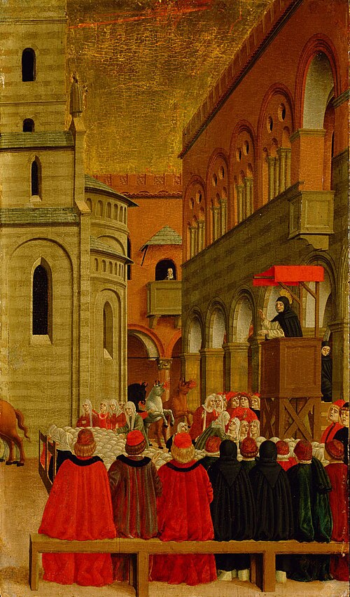 Szene aus dem Leben des Hl. Vinzenz Ferrer: Der Teufel vesucht in Form dreier wilder Pferde die Pred, , Agnolo degli Erri