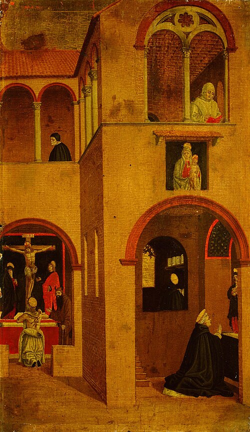Szene aus dem Leben des Hl. Vinzenz Ferrer: Der Heilige wird vor dem Altar und in seiner Zelle beim , , Agnolo degli Erri