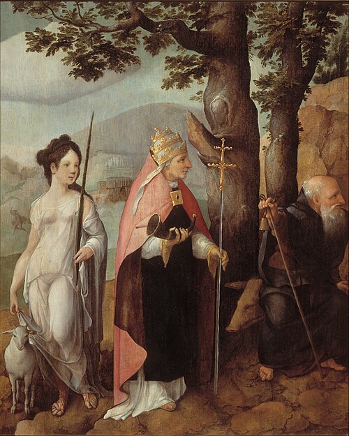 Drieluik met de intocht van Christus in Jeruzalem, heiligen en op de buitenzijden van de luiken stic, 1526, Jan van Scorel