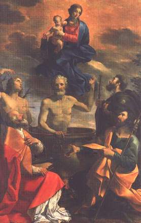 Madonna col Bambino e i santi Giacomo, Rocco, Giovanni Evangelista, Sebastiano e un papa martire, 1644, Guido Ubaldo Abbatini