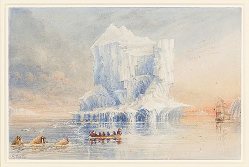 Admiral Sir George Back shows HMS Terror anchored near a cathedral-like iceberg in the waters around, 1850, George Back