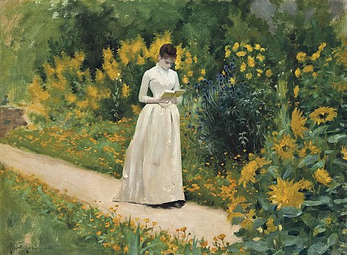 Reading on the garden path, 1883, Albert Aublet