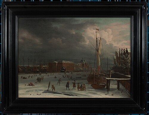 Het Zeemagazijn te Amsterdam en omgeving in het ijs, 1668, Albert Meyeringh