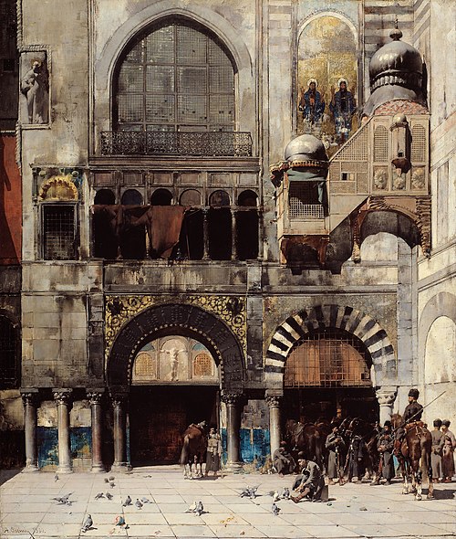 Circassian Cavalry Awaiting their Commanding Officer at the Door of a Byzantine Monument; Memory of , 1880, Alberto Pasini