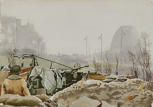 Anti-Aircraft Gun Near Nijmegen Bridge, 1944, Alex Colville