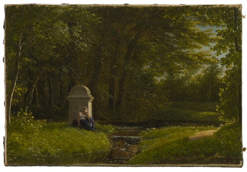 Vattendrag vid skogsglänta med altare tillägnat Kärleken i den norra parken vid Ermenonville, , Alexandre-Hyacinthe Dunouy