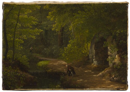 Jean-Jacques Rousseau plockar blommor vid den bubblande källan nära grottan i den norra parken vid E, , Alexandre-Hyacinthe Dunouy