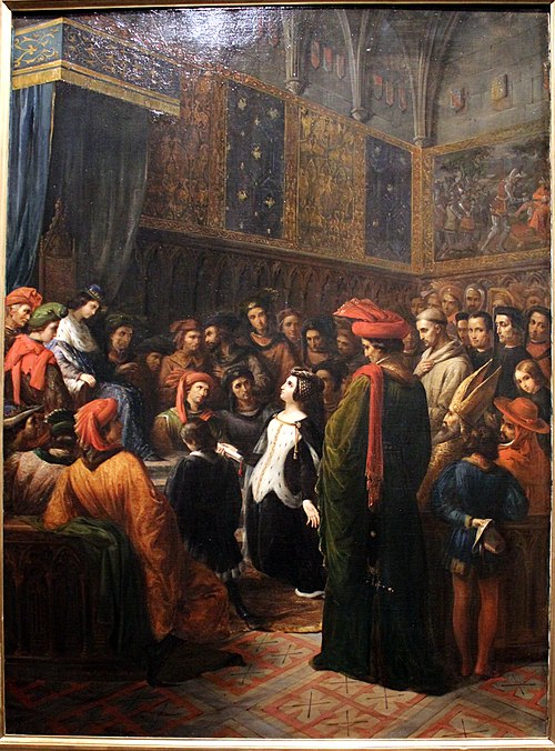 Valentine de Milan implore la justice du roi Charles VI pour l'assassinat du duc d'Orléans, 1836, Alexandre Colin