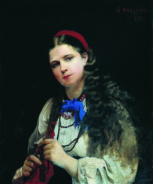 A girl braiding her hair, 1883, Alexeï Korzoukhine