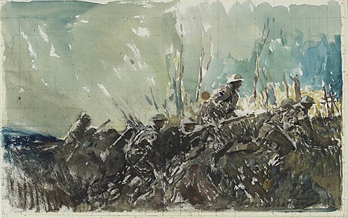 Over the Top, Neuville-Vitasse (watercolour), 1918, Alfred Bastien
