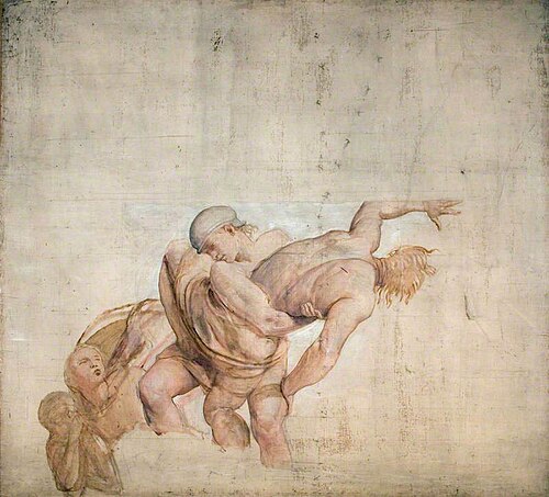 Magog Thrown into the Sea (cartoon for the south wall, centre, of the ceiling cove, dining room, Dor, 1860, Alfred Stevens