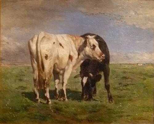 Two cows in the plains of the Zwin, , Alfred Verwée