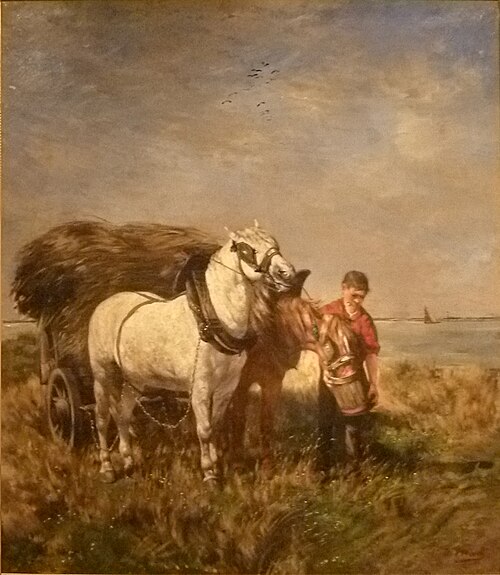 Two horses with haywagon, , Alfred Verwée