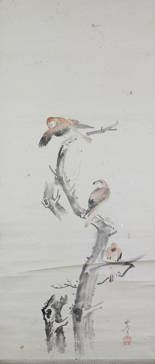 Three Crossbills on a Leafless Tree, 1878, Kawanabe Kyōsai