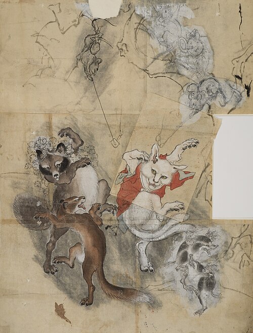 Frolicking Animals, Nekomata and Tanuki Badger, 1900, Kawanabe Kyōsai