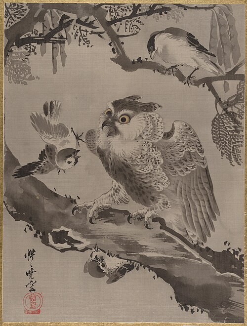 Owl Mocked by Small Birds, 1887, Kawanabe Kyōsai