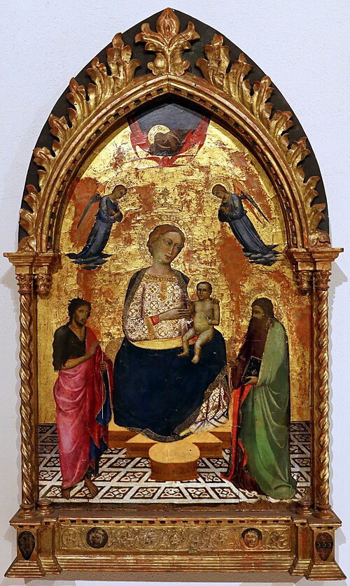Vierge à l'enfant sur un trône avec saint Jean-Baptiste et saint Pierre, deux anges et le Père bénis, 1398, Ambrogio di Baldese