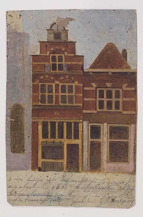 Twee oude huisjes bij de Turfmarkt bij de Gouwe., 1850, Gijsbert Johannes Verspuy