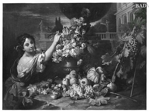 Mädchen mit großem Blumen- und Früchtestillleben (Blumen- und Früchtestilleben), 1667, Andrea Belvedere