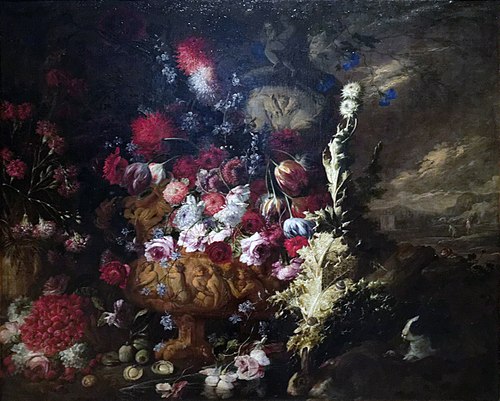 Landscape with Vases of Flowers and Fruits, 1717, Andrea Belvedere