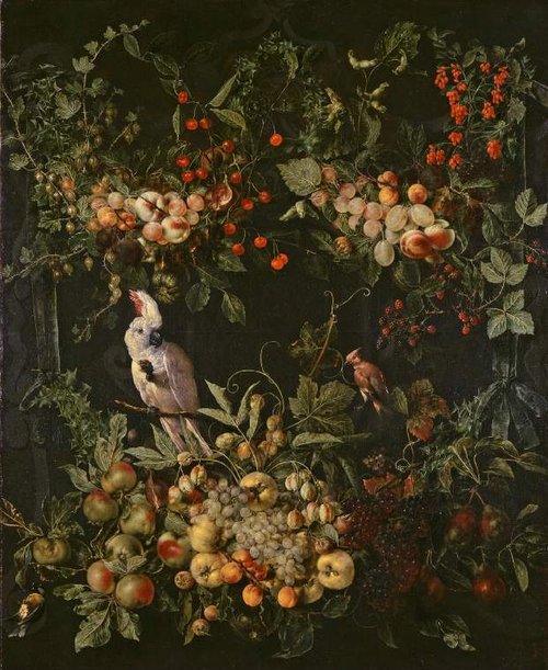 Swags of fruit and flowers surrounding a cartouche with a sulphur-crested cockatoo, 1650, Jan van Kessel
