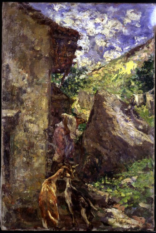 Young Woman with Goats near Rustic Dwelling, 1917, Leonardo Bazzaro