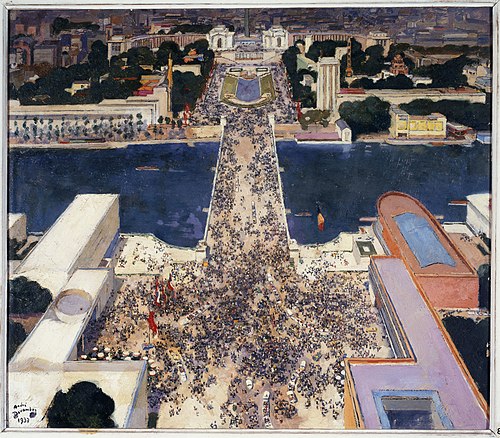 La colline de Chaillot pendant l'exposition Internationale de 1937, vue de la Tour Eiffel, 1937, André Devambez