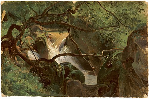 Intérieur de forêt avec une chute d’eau, Papigno, 1827, André Giroux