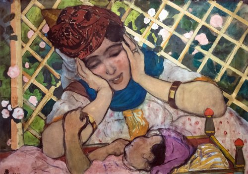 Jeune femme admirant son enfant, 1900, André Suréda