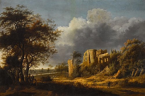 A landscape with the ruined castle of Egmond, a river beyond, , Anthonie van Croos