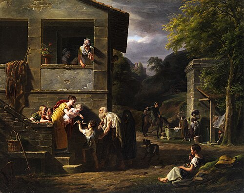 Blinder Bettler und kleiner Junge am Haus einer vornehmen Dame., 1819, Antoine Béranger