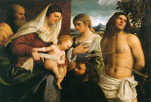 La Sainte Famille avec sainte Catherine, saint Sébastien et un donateur, 1507, Sebastiano del Piombo