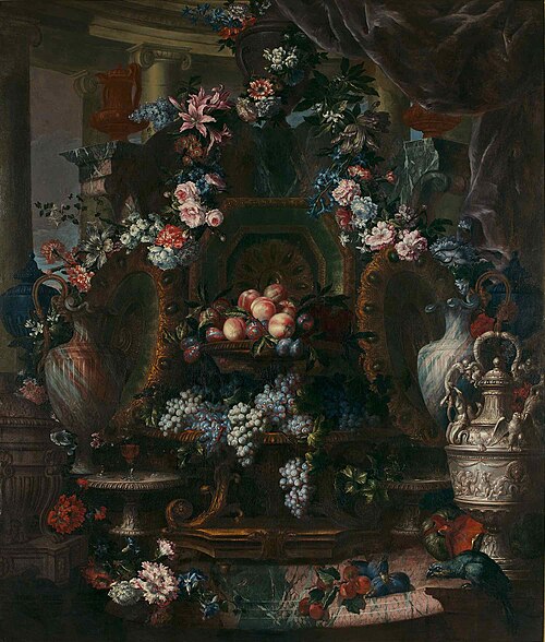 Nature morte aux pièces d’orfèvrerie, plats de raisin et de pêches, guirlandes et fleurs, 1725, Antoine Monnoyer