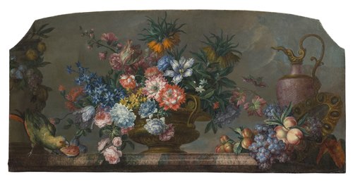Flowerpiece with Vases and a Parrot, , Antoine Monnoyer