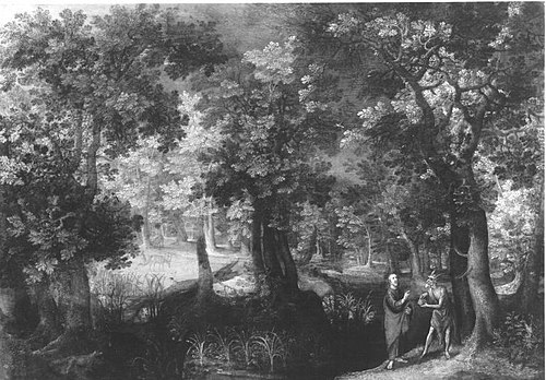 Wooded landscape with the temptation of Christ (Matthew 4: 3-10, Mark 1: 12-13; Luke 4: 1-13), 1607, Anton Mirou