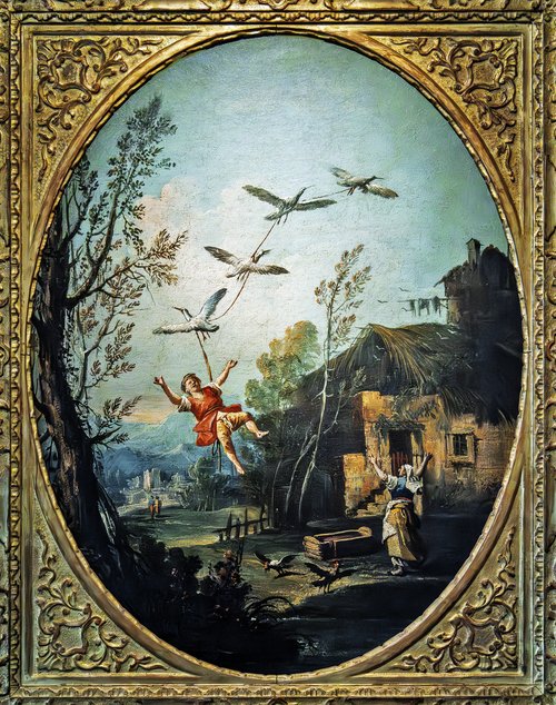 Bertoldino volant attaché aux oies, 1650, Antonio Diziani