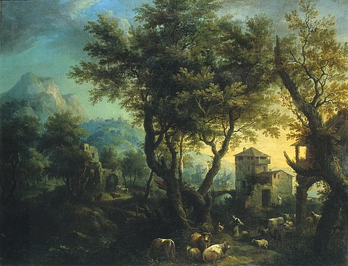 Mountainous landscape with shepherds and flock, 1775, Antonio Diziani