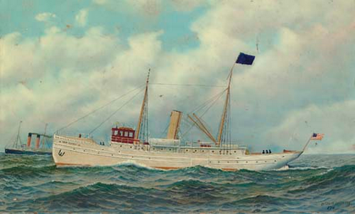 The pilot boat New Jersey escorting an English passenger liner out of New York Harbour., 1906, Antonio Jacobsen