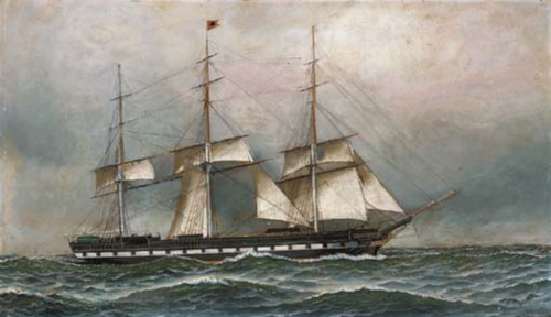 The James Foster Jr under reduced sail at sea., 1911, Antonio Jacobsen