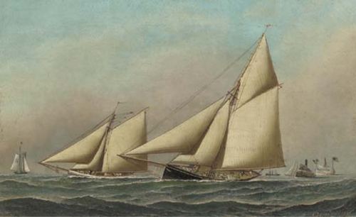 Mayflower and Galatea neck and neck during the America's Cup Race of 1886; the first race., 1887, Antonio Jacobsen