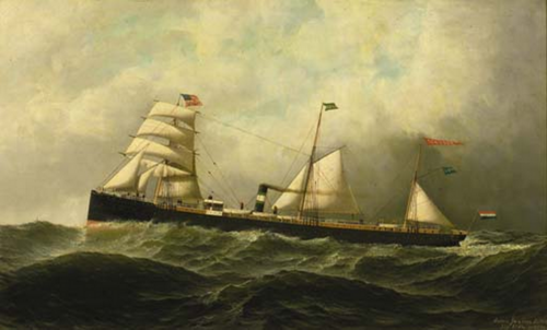 Portrait of the steamship Schiedam in choppy seas., 1878, Antonio Jacobsen